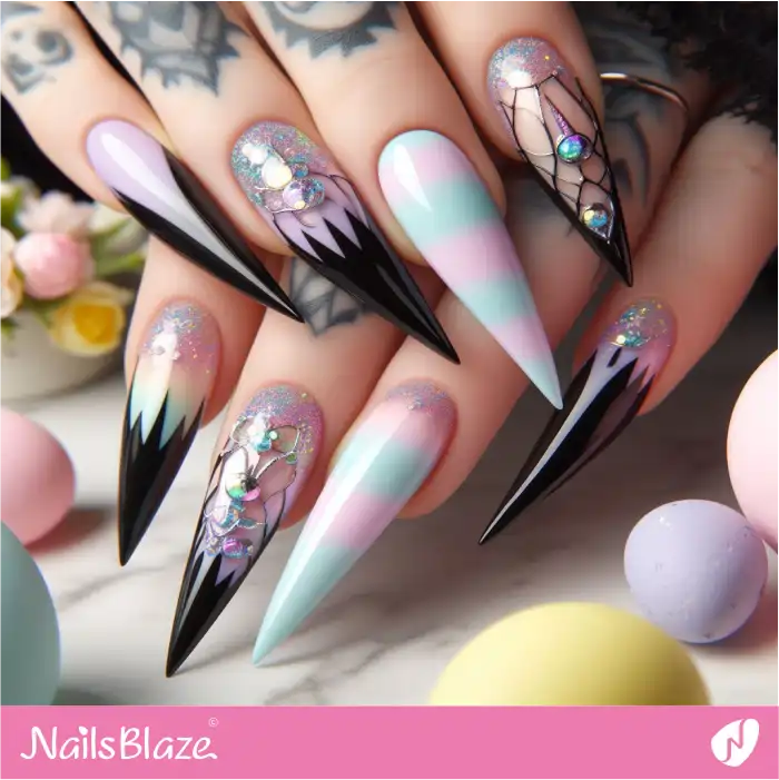 Gothic Stiletto Pastel Nails with Black Tips | Easter Nails - NB3676
